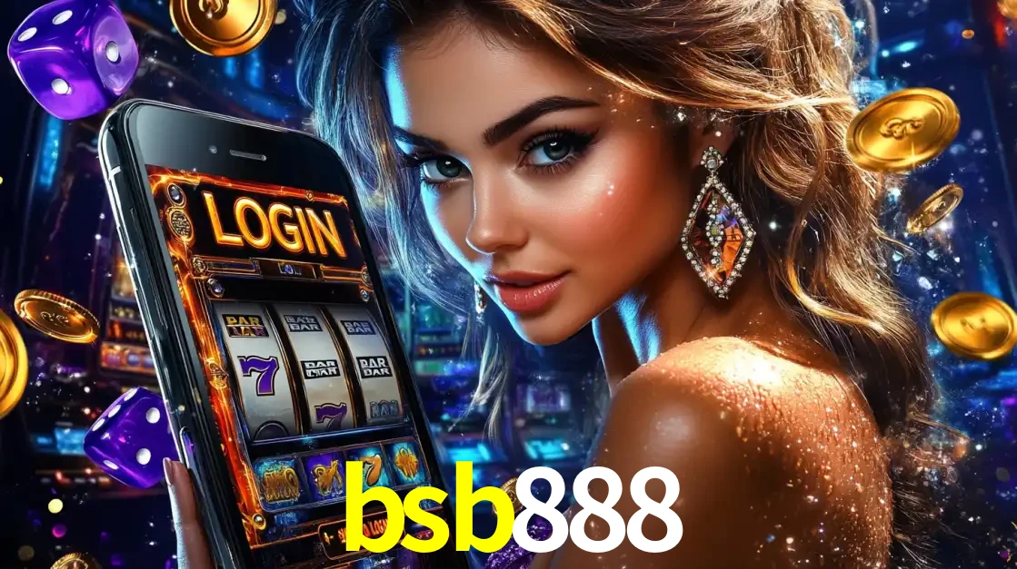 Mulher glamorosa segurando um smartphone com a tela de login para os jogos de caça-níqueis do cassino online bsb888, com moedas de ouro e dados ao redor.