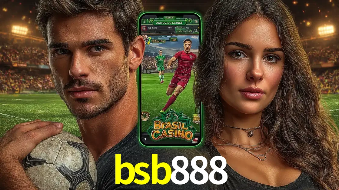 Homem segurando uma bola de futebol e uma mulher ao lado de um smartphone exibindo o jogo de apostas esportivas da bsb888. Faça seu palpite no cassino online.